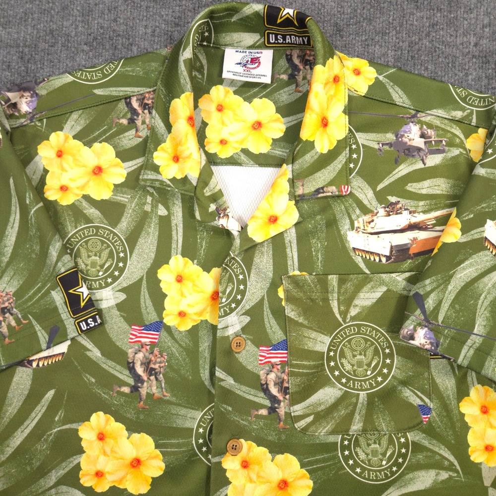 AE Sport‎ Army Hawaiian Shirt Mens XXL Abrams Tank Apache Helicopter Made In USA